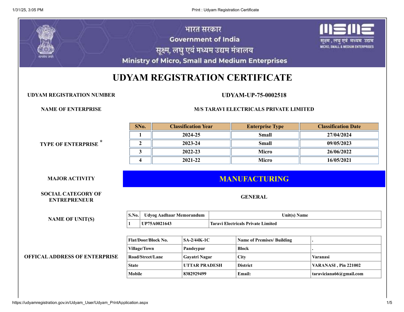 Govt. of India MSME Udyam Registration Certificate