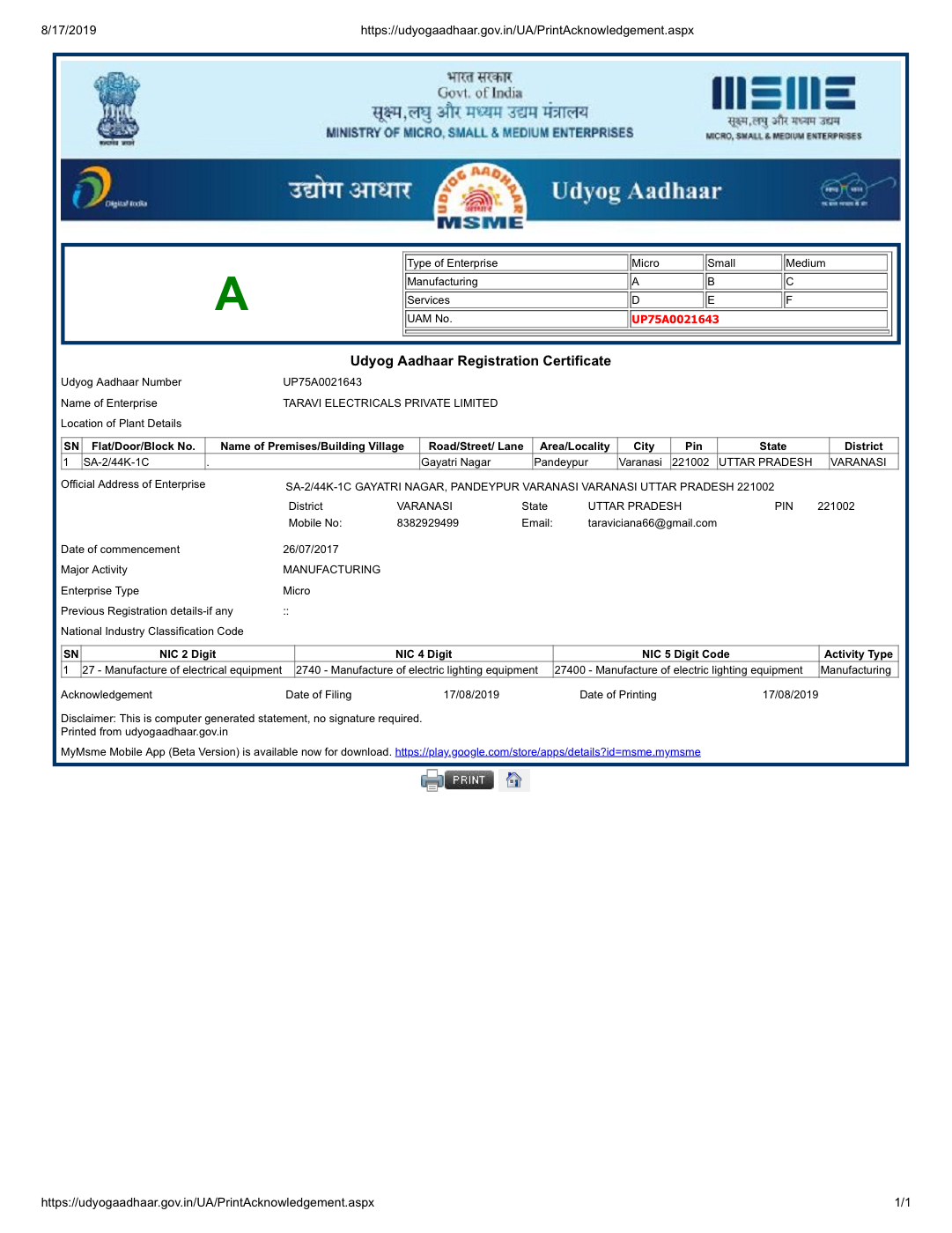 Govt. of India MSME Udyog Aadhaar Memorandum