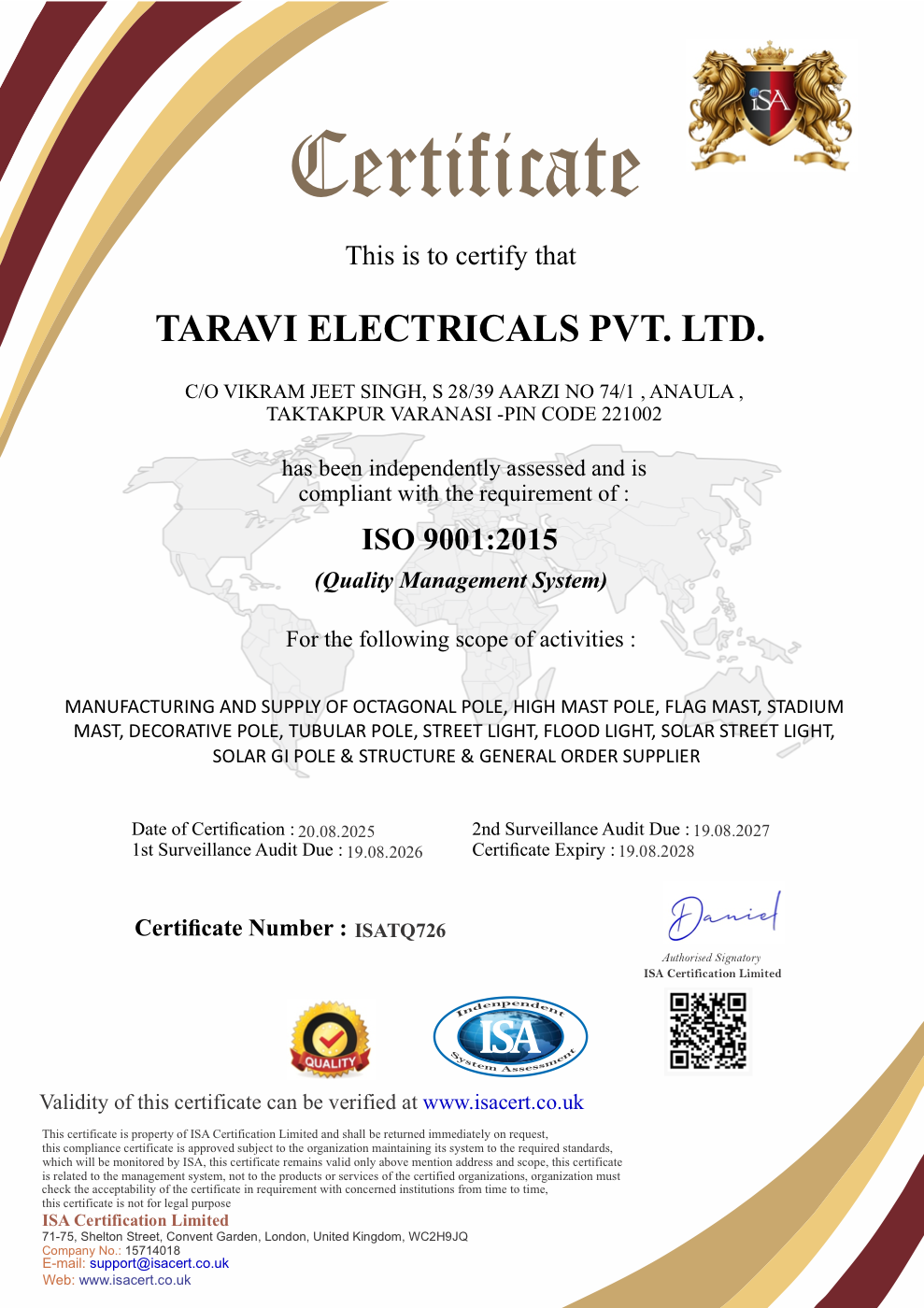 ISO 9001:2015 Quality Management System Certificate