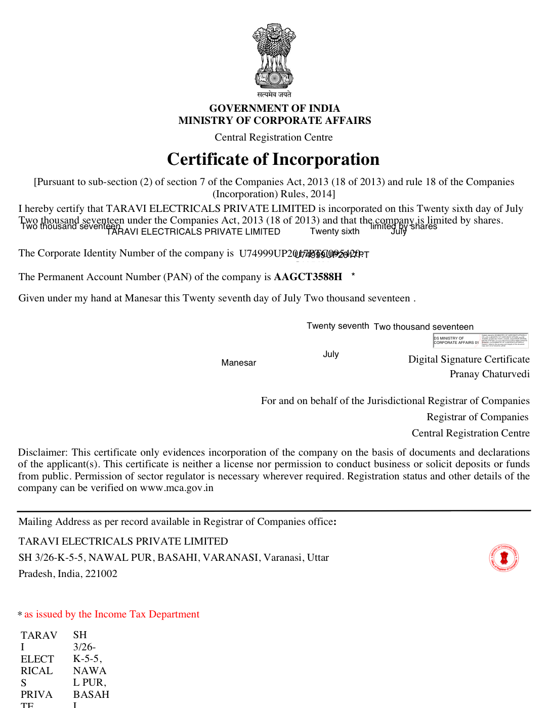 Ministry of Corporate Affairs Certificate of Incorporation