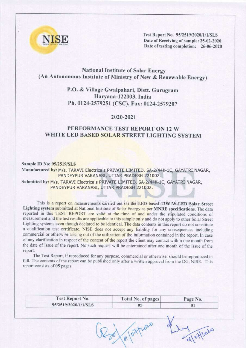 MNRE / NISE Solar Street Lighting Test Certificate