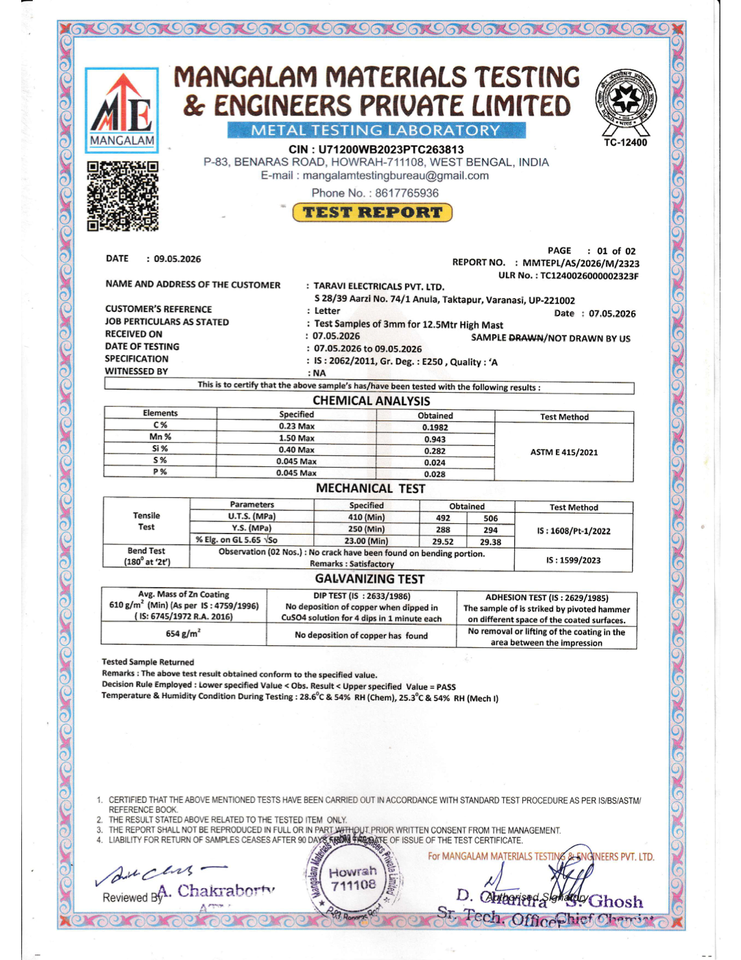NABL Accredited Metallurgy & Galvanizing Test Report